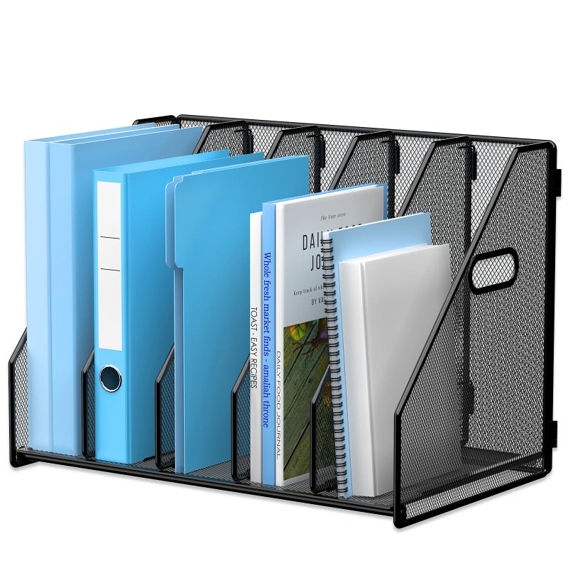 MINDEPOT Desk File Organizer Metal Desk Magazine Folder Holder with 5 Vertical Compartments Rack File Organizer for Office, Home, School, Black - Image 1