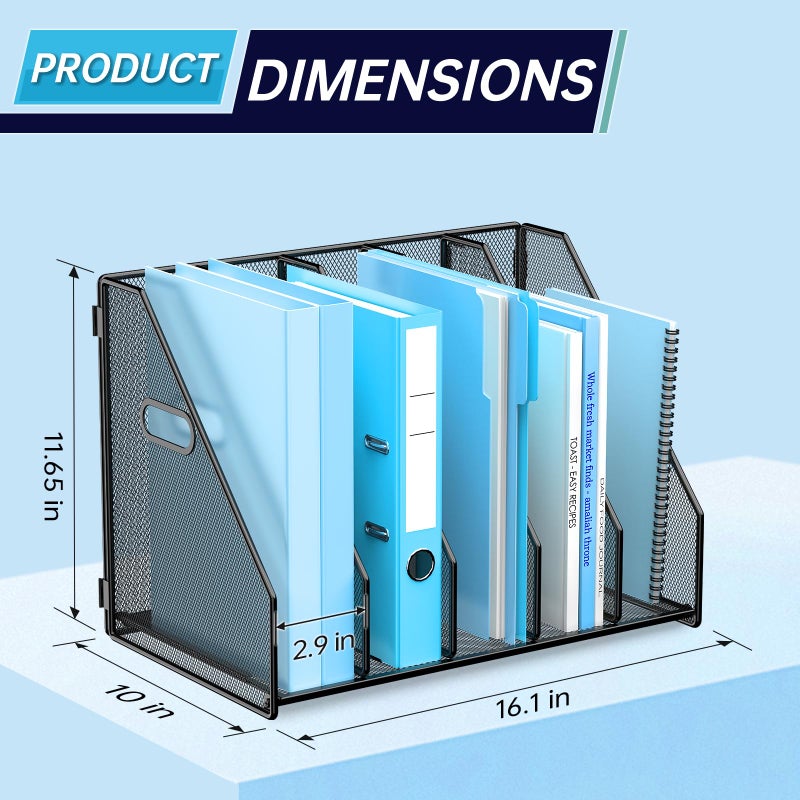MINDEPOT Desk File Organizer Metal Desk Magazine Folder Holder with 5 Vertical Compartments Rack File Organizer for Office, Home, School, Black - Image 3