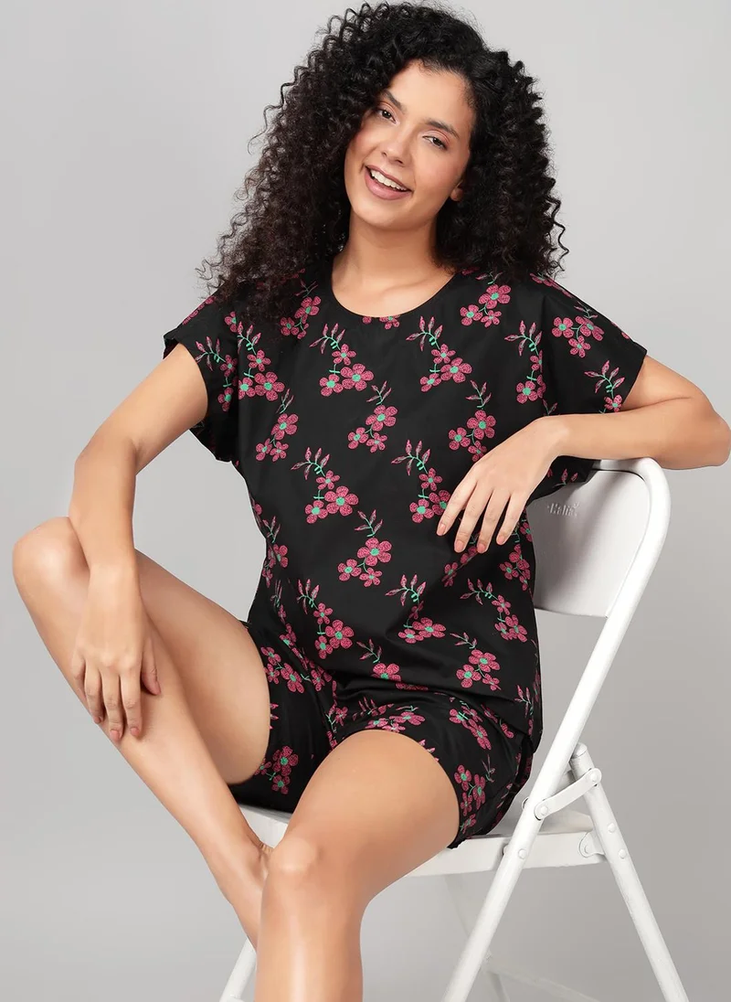 كلوفيا Clovia Floral Print Top & Shorts Set in Black - Rayon