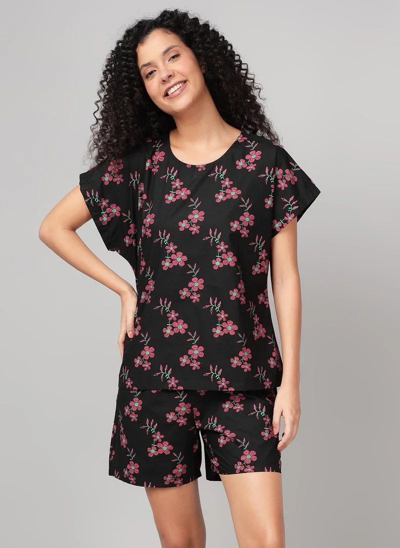 كلوفيا Clovia Floral Print Top & Shorts Set in Black - Rayon