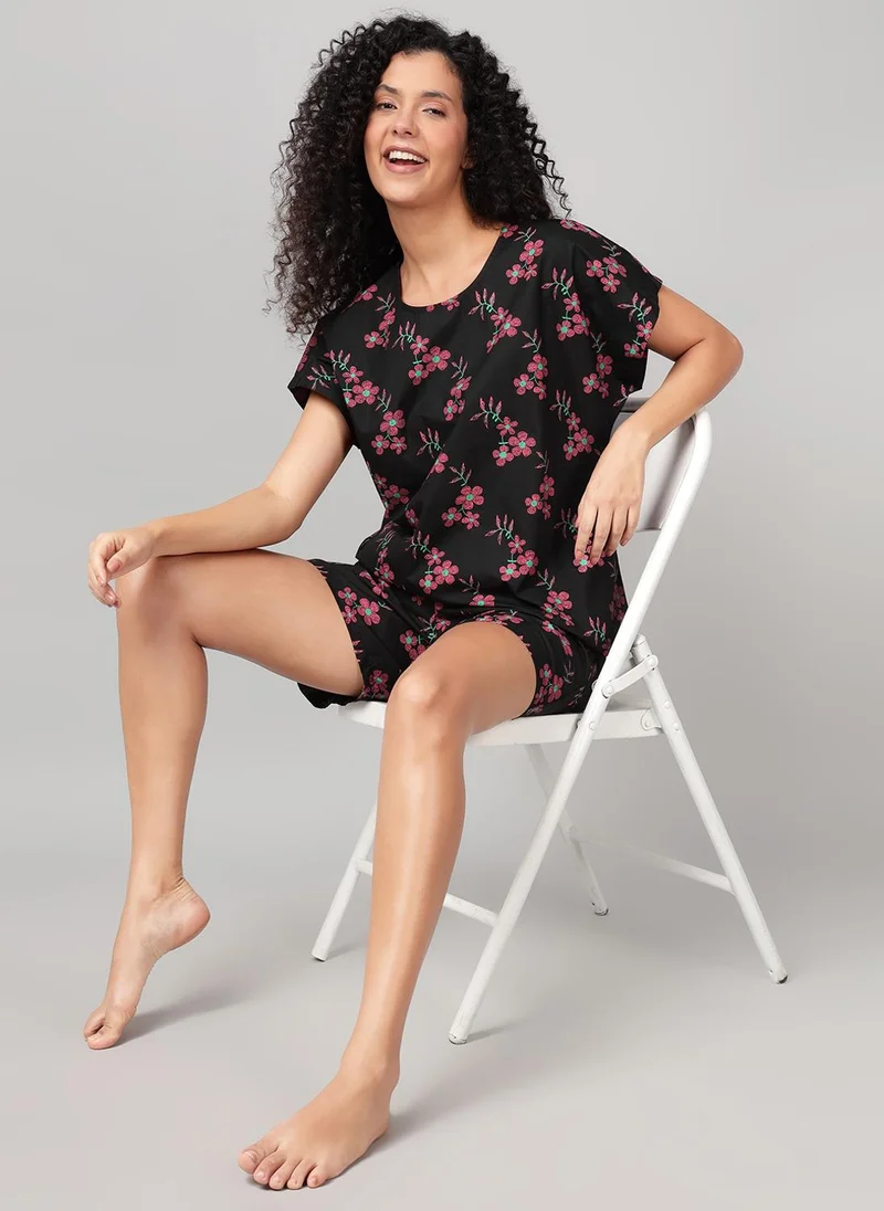 كلوفيا Clovia Floral Print Top & Shorts Set in Black - Rayon