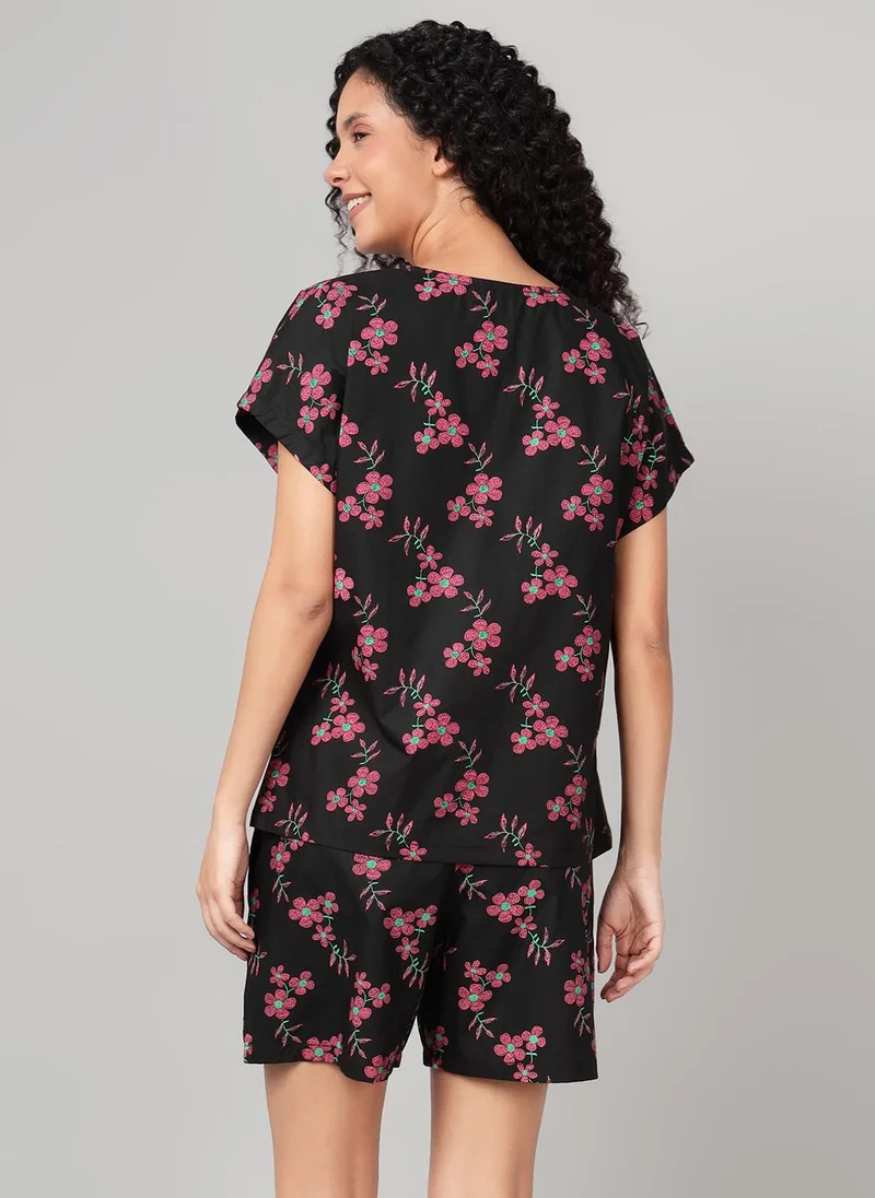 كلوفيا Clovia Floral Print Top & Shorts Set in Black - Rayon