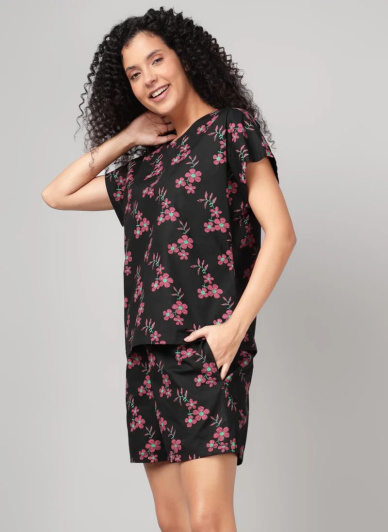 كلوفيا Clovia Floral Print Top & Shorts Set in Black - Rayon