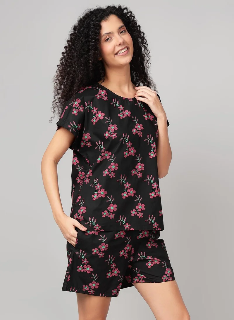 كلوفيا Clovia Floral Print Top & Shorts Set in Black - Rayon