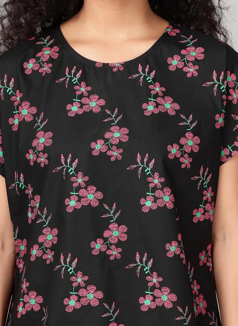 كلوفيا Clovia Floral Print Top & Shorts Set in Black - Rayon