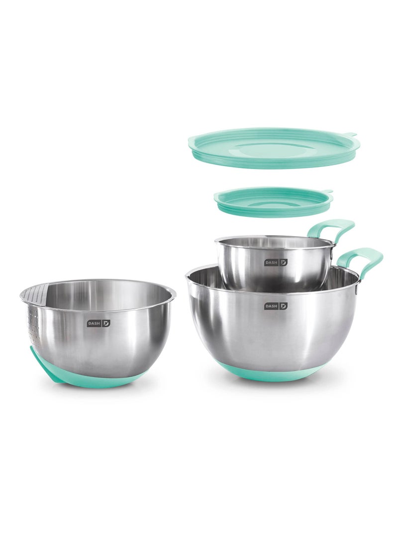 Dash DASH Stainless Steel Mixing Bowls with Lids Silicone NonSlip Base with Measuring Lines and Strainer 3 Bowl Set  15 Quart 3 Quart  5 Quart  Aqua 