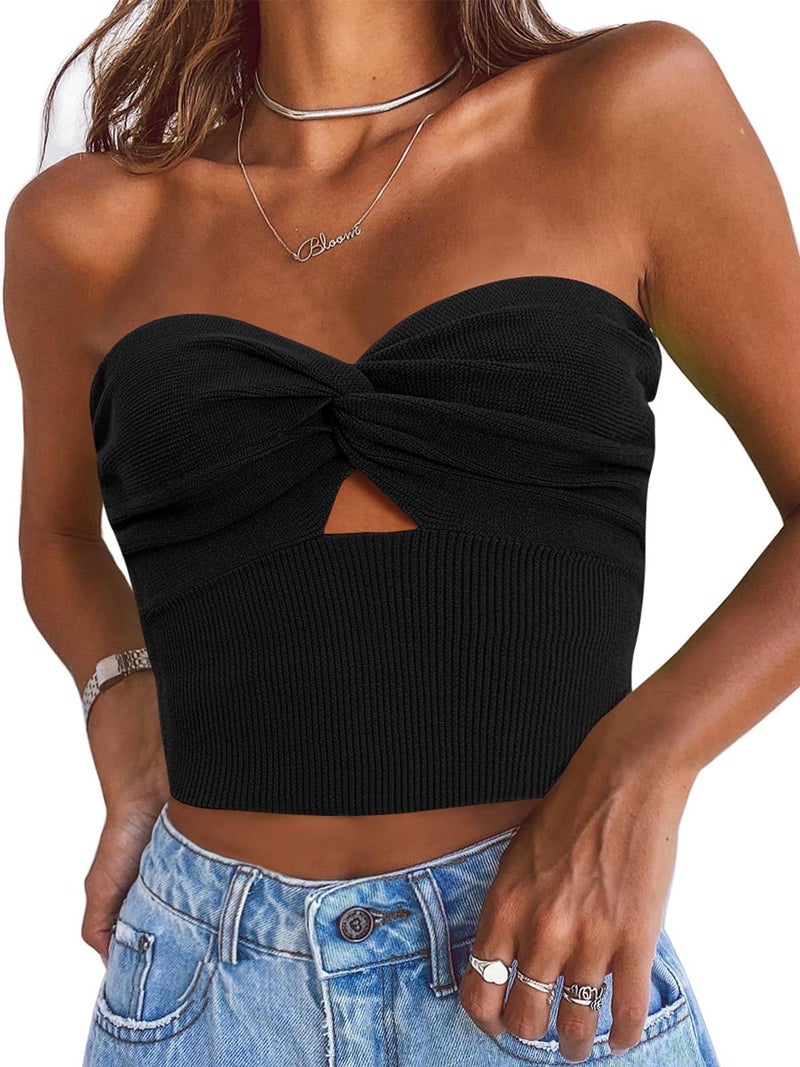 EFAN Womens Tube Tops Strapless Crop Bandeau Tank Tops Ribbed Knit Y2K Summer Beach Vacation Going Out Clothes Black S - Image 1