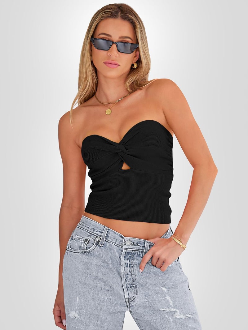 EFAN Womens Tube Tops Strapless Crop Bandeau Tank Tops Ribbed Knit Y2K Summer Beach Vacation Going Out Clothes Black S - Image 2