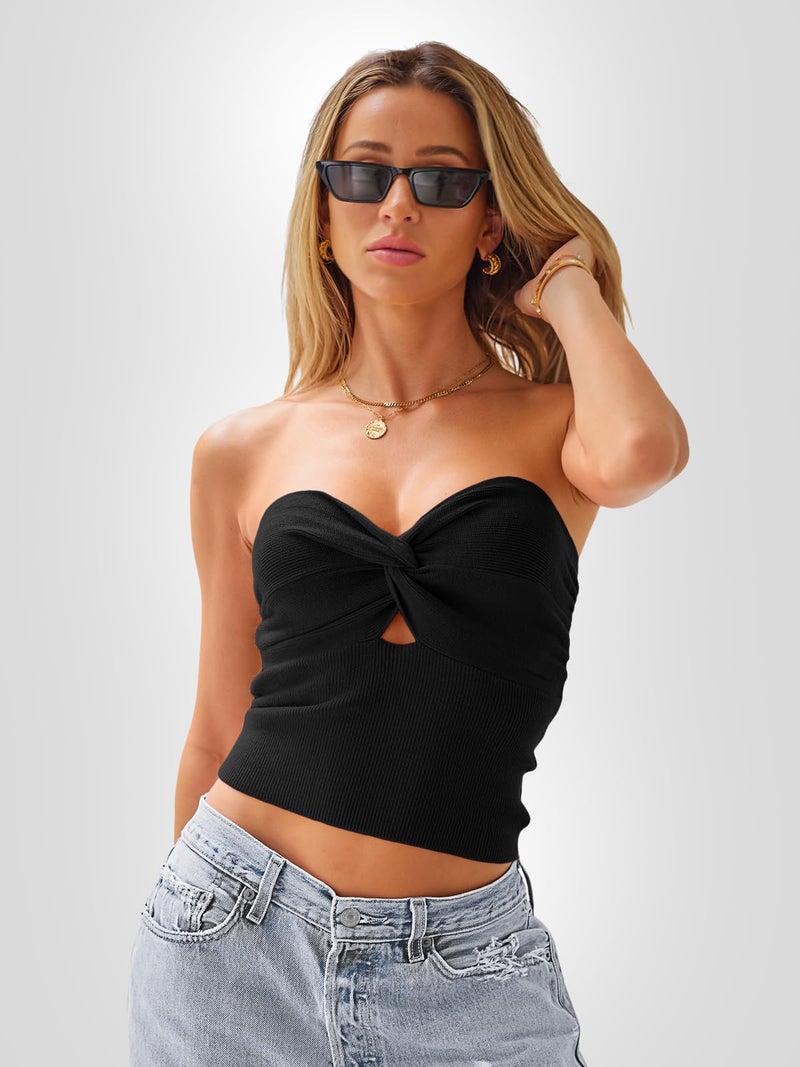 EFAN Womens Tube Tops Strapless Crop Bandeau Tank Tops Ribbed Knit Y2K Summer Beach Vacation Going Out Clothes Black S - Image 4