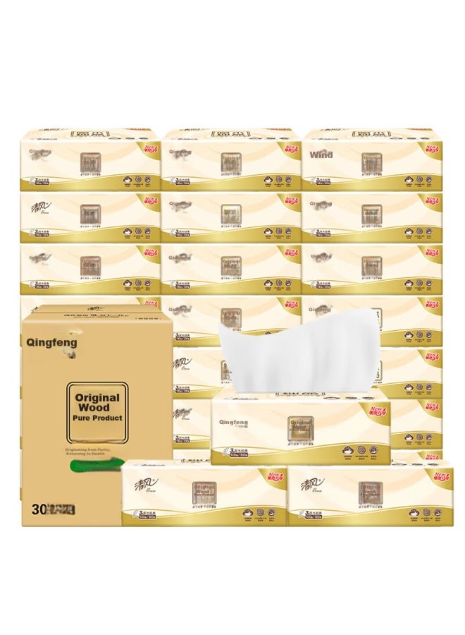 APP Qingfeng Facial Tissues, Natural Wood Pure, 3-ply 100 Sheets*30 Packs Xs Size, Water-absorbent, Toilet Paper, Napkins, Whole Box - Image 1