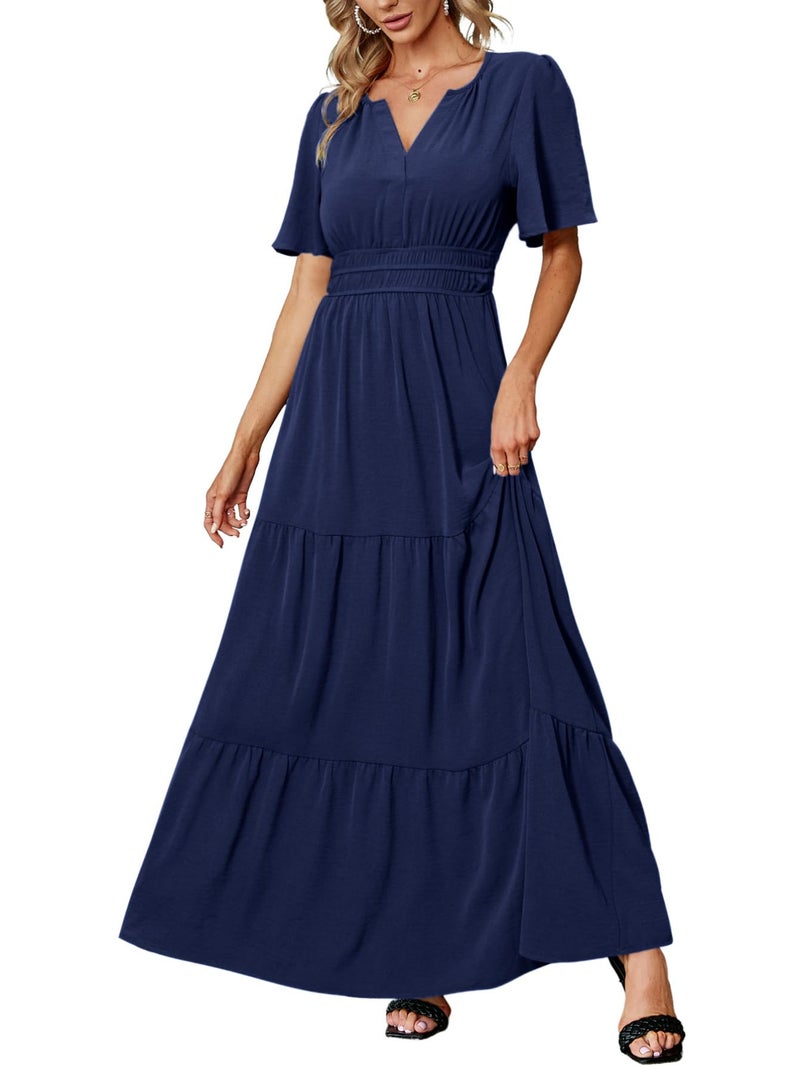 Amegoya Women's Semi Formal Wedding Guest Maxi Dresses V Neck Short Sleeve Empire Waist Dress Long Flowy Modest Dress (Navy Blue M) - Image 1