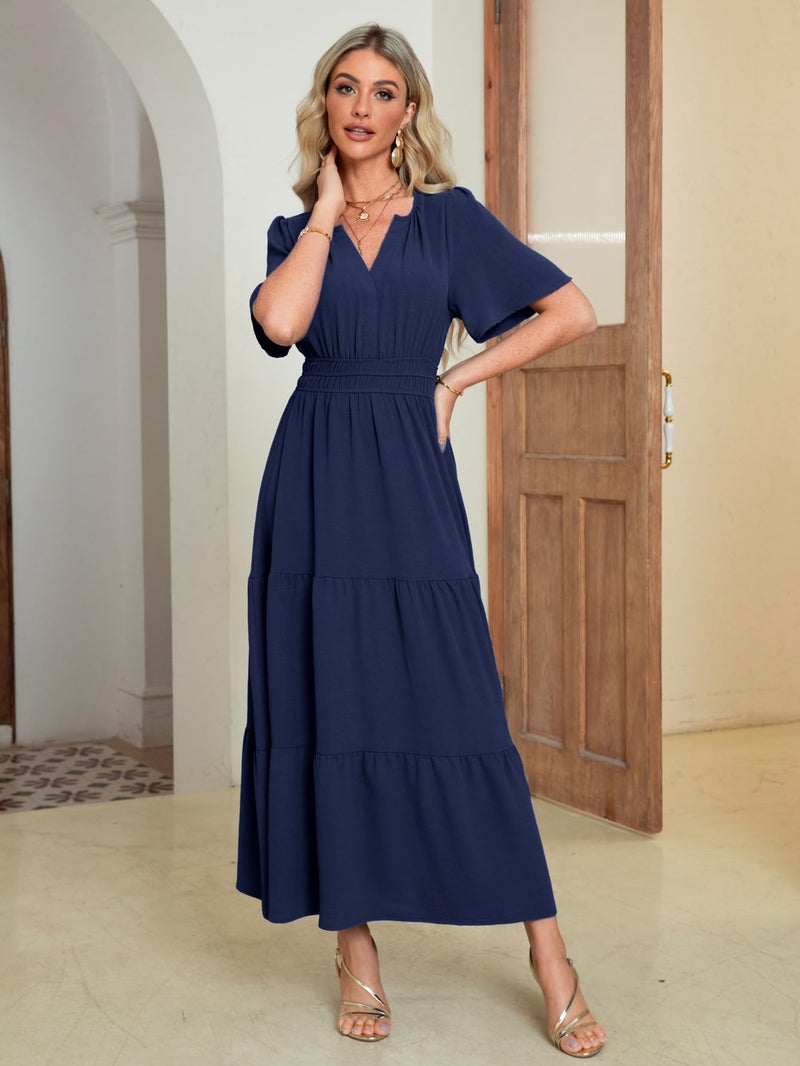 Amegoya Women's Semi Formal Wedding Guest Maxi Dresses V Neck Short Sleeve Empire Waist Dress Long Flowy Modest Dress (Navy Blue M) - Image 2