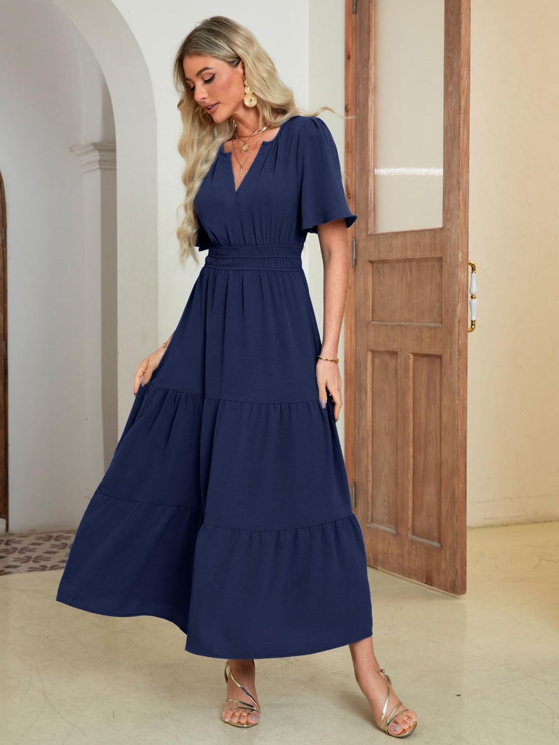 Amegoya Women's Semi Formal Wedding Guest Maxi Dresses V Neck Short Sleeve Empire Waist Dress Long Flowy Modest Dress (Navy Blue M) - Image 3
