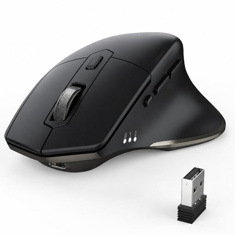 ماوس بلوتوث + USB لاسلكي لأجهزة الكمبيوتر المحمول/iPad/MacBook/الكمبيوتر اللوحي/الكمبيوتر الشخصي، تصميم مريح مع 5 نقاط لكل بوصة قابلة للتعديل، 7 أزرار، تشغيل صامت، قابل لإعادة الشحن، أسود - Image 1