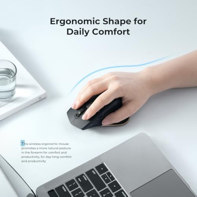 ماوس بلوتوث + USB لاسلكي لأجهزة الكمبيوتر المحمول/iPad/MacBook/الكمبيوتر اللوحي/الكمبيوتر الشخصي، تصميم مريح مع 5 نقاط لكل بوصة قابلة للتعديل، 7 أزرار، تشغيل صامت، قابل لإعادة الشحن، أسود - Image 3