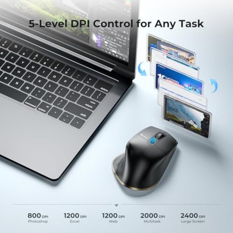 ماوس بلوتوث + USB لاسلكي لأجهزة الكمبيوتر المحمول/iPad/MacBook/الكمبيوتر اللوحي/الكمبيوتر الشخصي، تصميم مريح مع 5 نقاط لكل بوصة قابلة للتعديل، 7 أزرار، تشغيل صامت، قابل لإعادة الشحن، أسود - Image 5