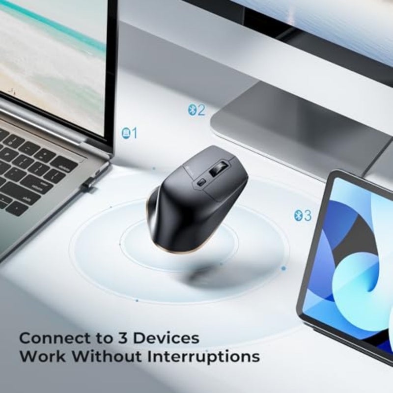 ماوس بلوتوث + USB لاسلكي لأجهزة الكمبيوتر المحمول/iPad/MacBook/الكمبيوتر اللوحي/الكمبيوتر الشخصي، تصميم مريح مع 5 نقاط لكل بوصة قابلة للتعديل، 7 أزرار، تشغيل صامت، قابل لإعادة الشحن، أسود - Image 2