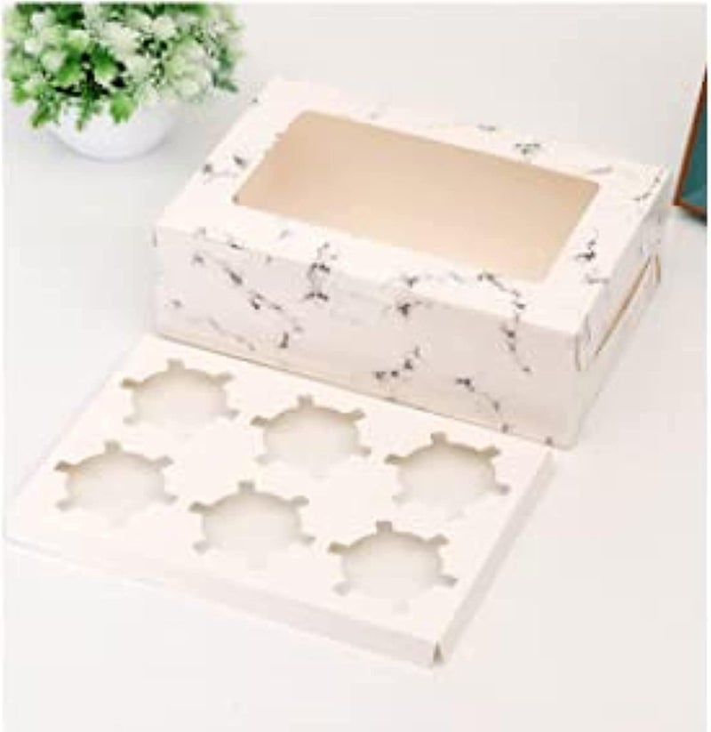 Red Dot Gift REDDOTGIFT 6 Cavities Kraft Paper Cupcake Box Pack of 12 with Inserts Cupcake Containers Bakery Cake Carriers for Home Dessert Shop ((Marble) - Image 1