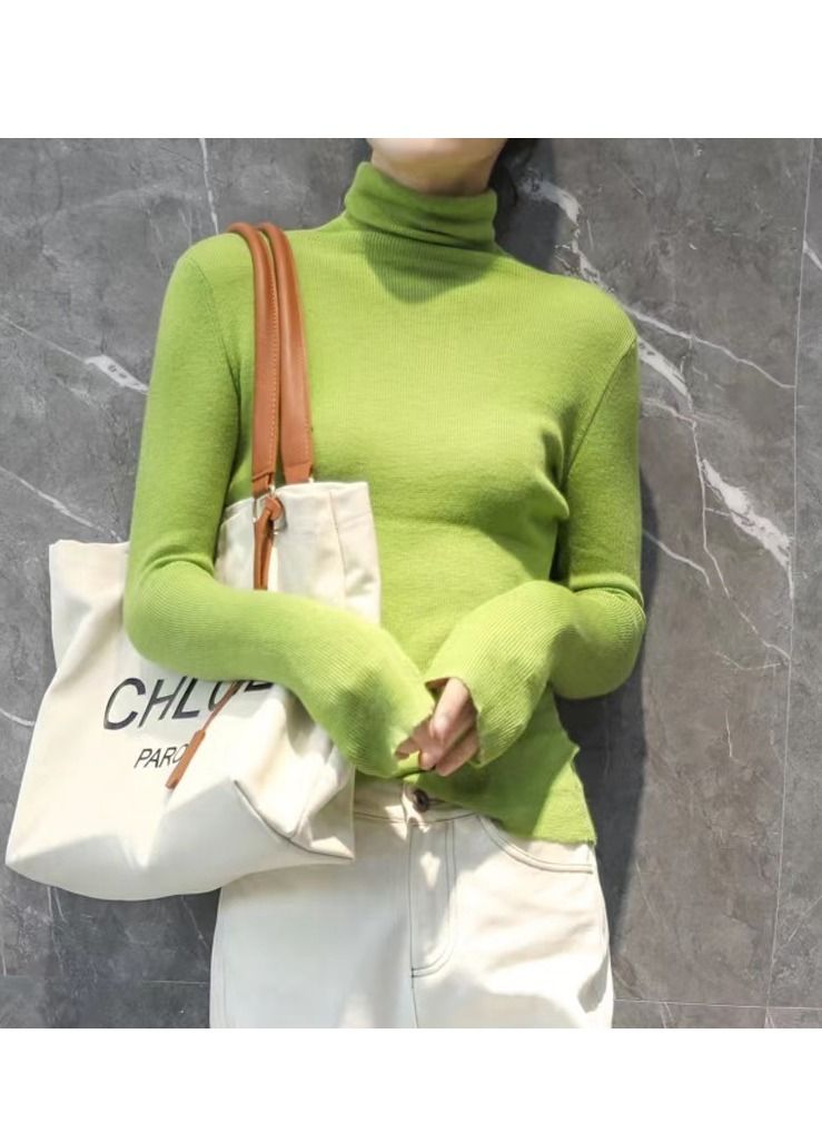 Loquat Women's Solid Color High Collar Slimming Wool Sweater