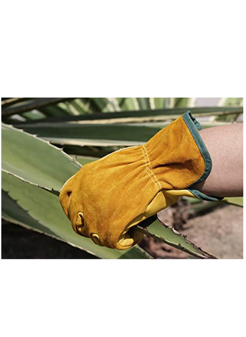 KASTWAVE Leather Work Gloves, Tough Cowhide Gardening Glove for Wood Cutting Construction Truck Driving Garden Yard Working for Men and Women 1 Pair (Gold, Medium)  - Image 3