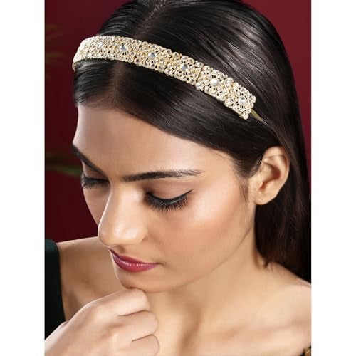 Peora Gold Plated White Kundan Studded Fancy Hair Band Ethnic Fashion Jewellery Gift for Girls Women - Image 2