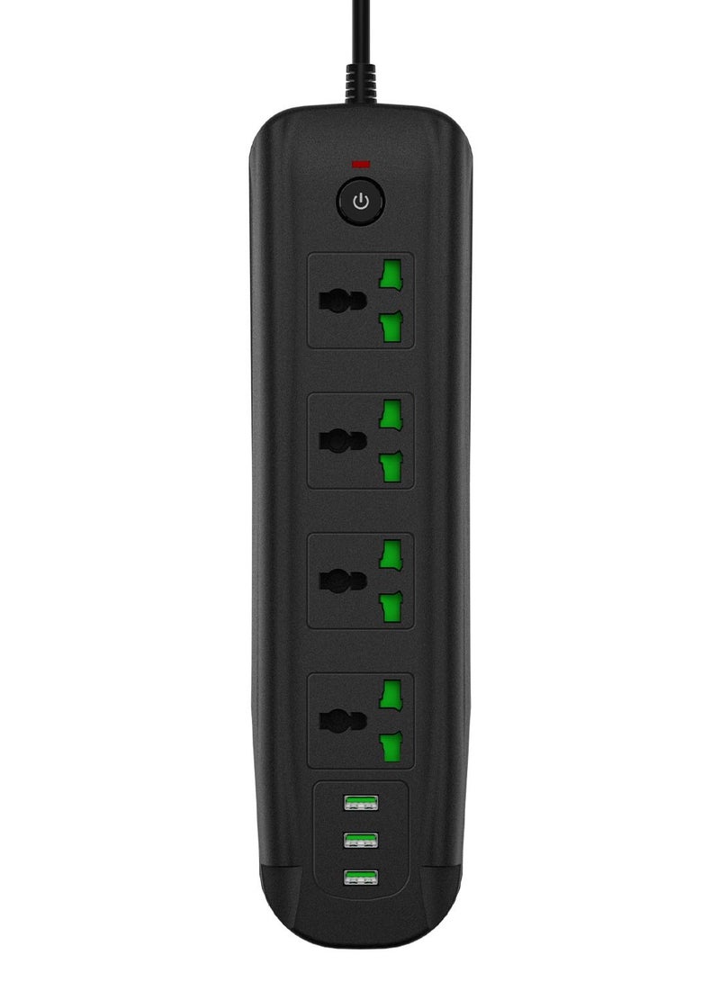 GULFLINK Power Extension Cord 2 Meter Cable With 4 Power Socket 3 USB Power Strip Black - Image 1