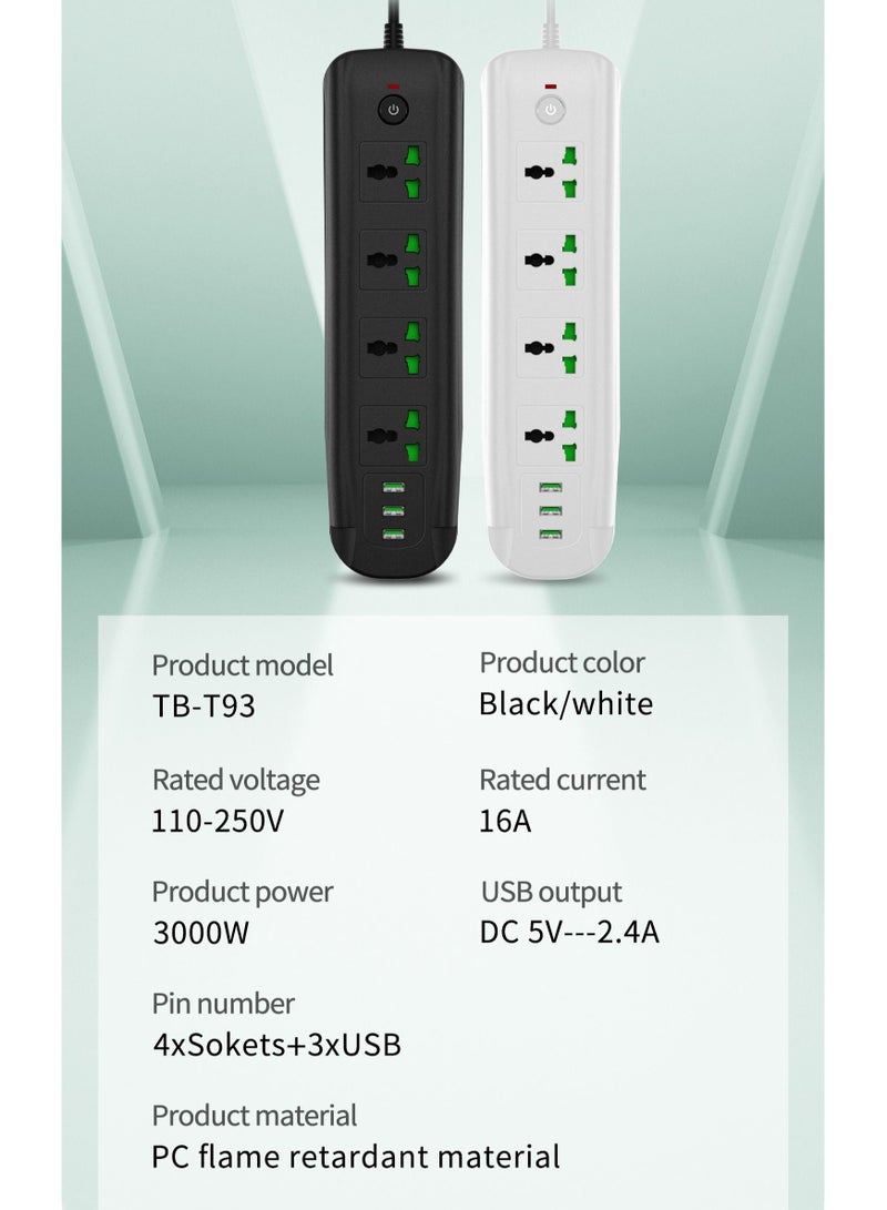 GULFLINK Power Extension Cord 2 Meter Cable With 4 Power Socket 3 USB Power Strip Black - Image 2