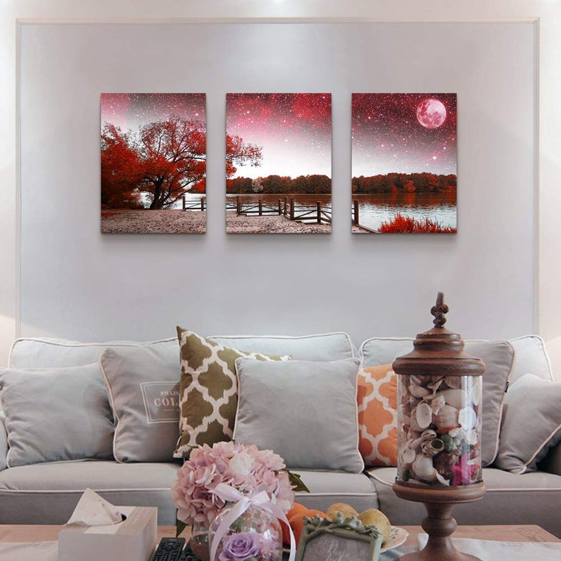 TTHYUEWS Wall Art For Living Room Canvas Prints Bedroom Wall Decor For Bathroom Artwork Abstract Painting Red Tree Moon Landscape Paintings 12" X 16" 3 Pieces Modern Framed Office Home Decorations For Kitchen - Image 4