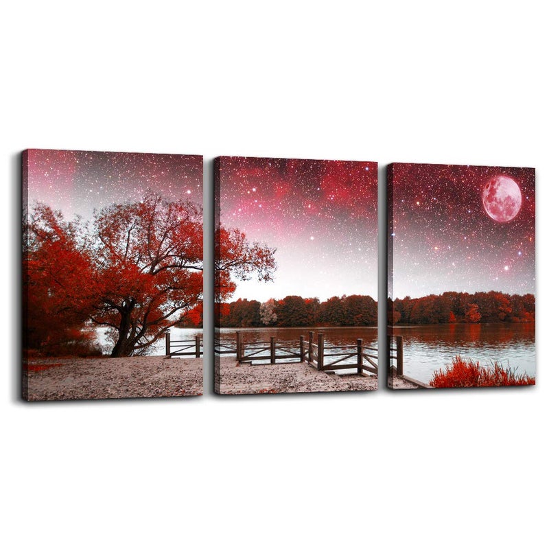 TTHYUEWS Wall Art For Living Room Canvas Prints Bedroom Wall Decor For Bathroom Artwork Abstract Painting Red Tree Moon Landscape Paintings 12" X 16" 3 Pieces Modern Framed Office Home Decorations For Kitchen - Image 1