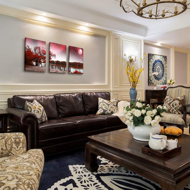 TTHYUEWS Wall Art For Living Room Canvas Prints Bedroom Wall Decor For Bathroom Artwork Abstract Painting Red Tree Moon Landscape Paintings 12" X 16" 3 Pieces Modern Framed Office Home Decorations For Kitchen - Image 2