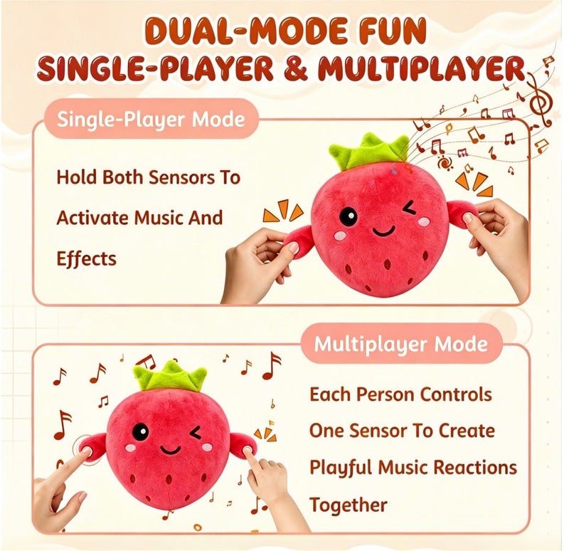 Zorva Musical Strawberry Plush Toy, Dual Single & Multi Touch Sensory Interactive Educational Toy, Comes with Batteries, Soft Stuffed Doll Kids Birthday Gift - Image 5