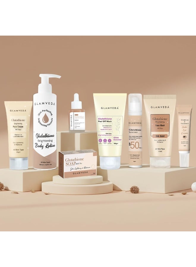 Glamveda مجموعة غلمافيدا جلوتاثيون للعناية بالبشرة المشرقة 8 خطوات للبشرة المتألقة والمتجانسة | غسول وجه 100 مل، قناع تقشير 100 جرام، سيروم 30 مل، كريم وجه 50 جرام، واقي شمس 50 جرام، كريم تحت العين 15 جرام، صابون استحمام 75 جرام وكريم جسم 200 مل - Image 1