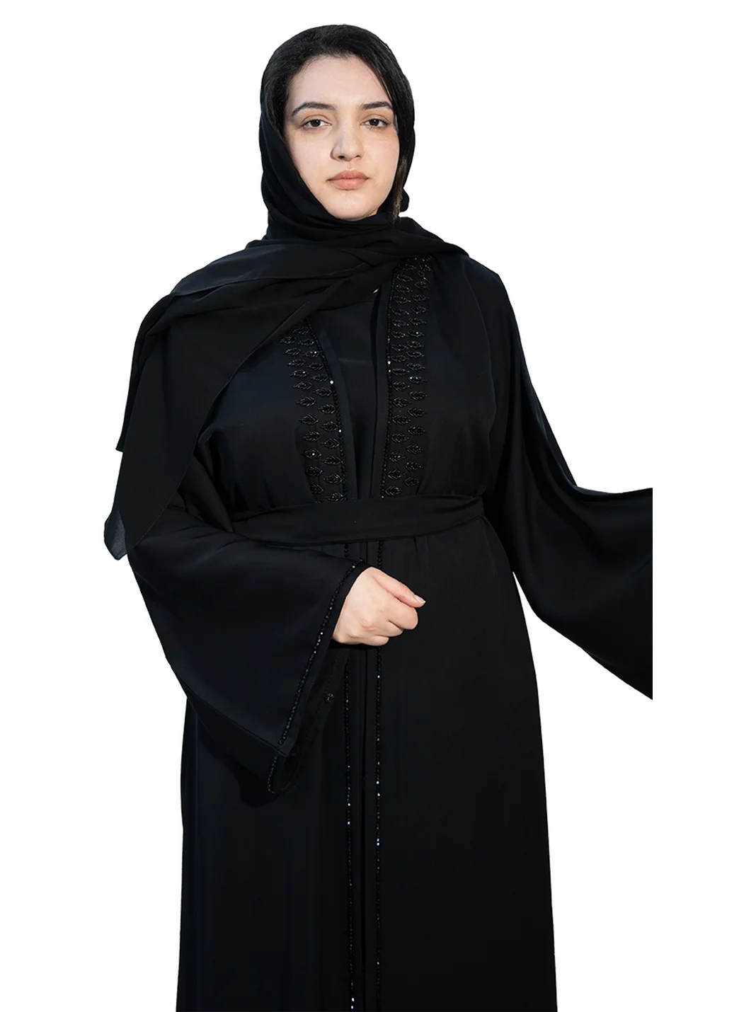 النخبة 2 piece Abaya paired with matching inner dress, Hijab & belt-2P655