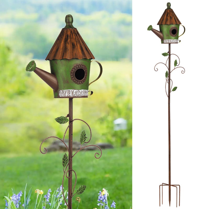 BAYN 57 Bird Houses Stake for Outside Metal Watering Can Birdhouse Garden Stake Wild Bird Feeder Pole with Welcome Sign Outdoor Decorations for Patio Backyard Garden - Image 2