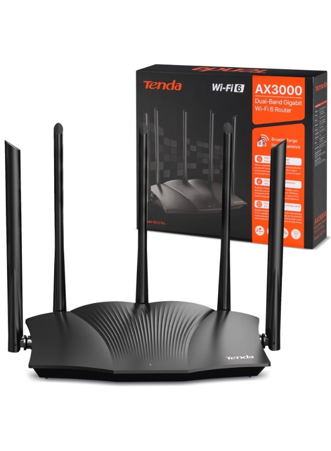Tenda RX12 Pro WiFi 6 AX3000 Dual Band Gigabit Router, 2404Mbps/5GHz + 574Mbps/2.4GHz, 4 Gigabit Ports, 5x6dBi Antennas,160MHz Bandwidth, WiFi+ Mesh, OFDMA/VPN/WPA3/IPV6/TWT RX12 Pro black - Image 1