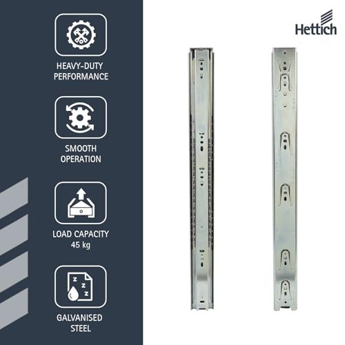 Hettich Telescopic Ball Bearing Channel KA 5632/450mm | Zinc Finish, Normal Closing | Drawer Channel for Home, Kitchen & Wardrobe | Load Capacity 45 kg | Full Extension (Galvanised Steel, 2 Pcs) - Image 2