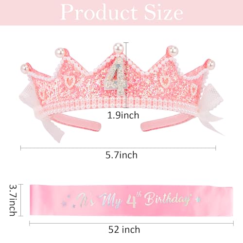 CUBACO Birthday Girl Crown and Sash, 4th Birthday Girl Headband Princess Pink Crown 4 Year Old Girl Birthday Gifts Outfit Birthday Decorations,Suitable for Party Favors Decorations - Image 5