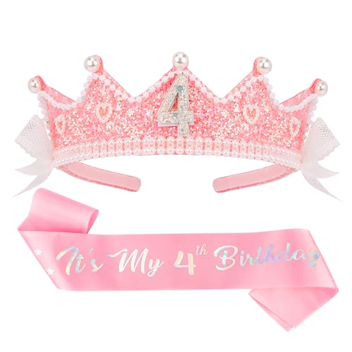 CUBACO Birthday Girl Crown and Sash, 4th Birthday Girl Headband Princess Pink Crown 4 Year Old Girl Birthday Gifts Outfit Birthday Decorations,Suitable for Party Favors Decorations - Image 1