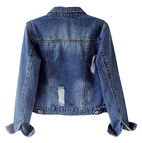 Kedera Jean Jackets for Women Fashion Ripped Distressed Casual Long Sleeve Denim Jacket Basic Button Down Jean Coat Winter Spring Autumn US 8-10(M) Dark Blue - Image 2