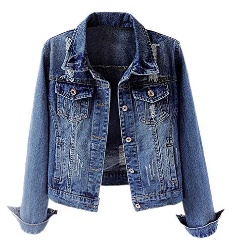 Kedera Jean Jackets for Women Fashion Ripped Distressed Casual Long Sleeve Denim Jacket Basic Button Down Jean Coat Winter Spring Autumn US 8-10(M) Dark Blue - Image 1