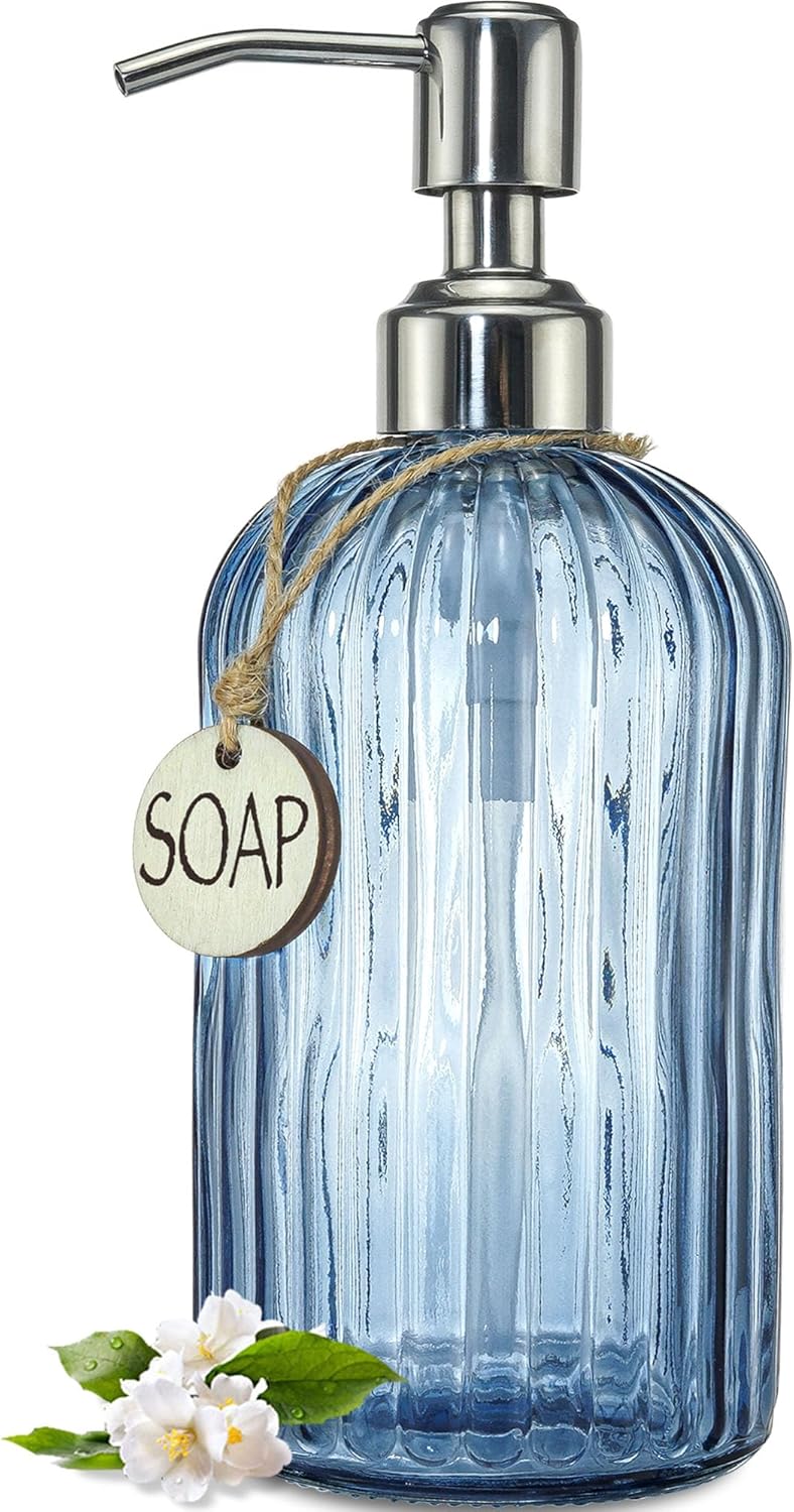 JASAI 18Oz Navy Blue Glass Soap Dispenser for Kitchen & Bathroom, Refillable Kitchen soap Dispenser with Vertical Stripe, Bathroom Soap Dispenser for Dispense Hand soap& Dish Soap. - Image 1
