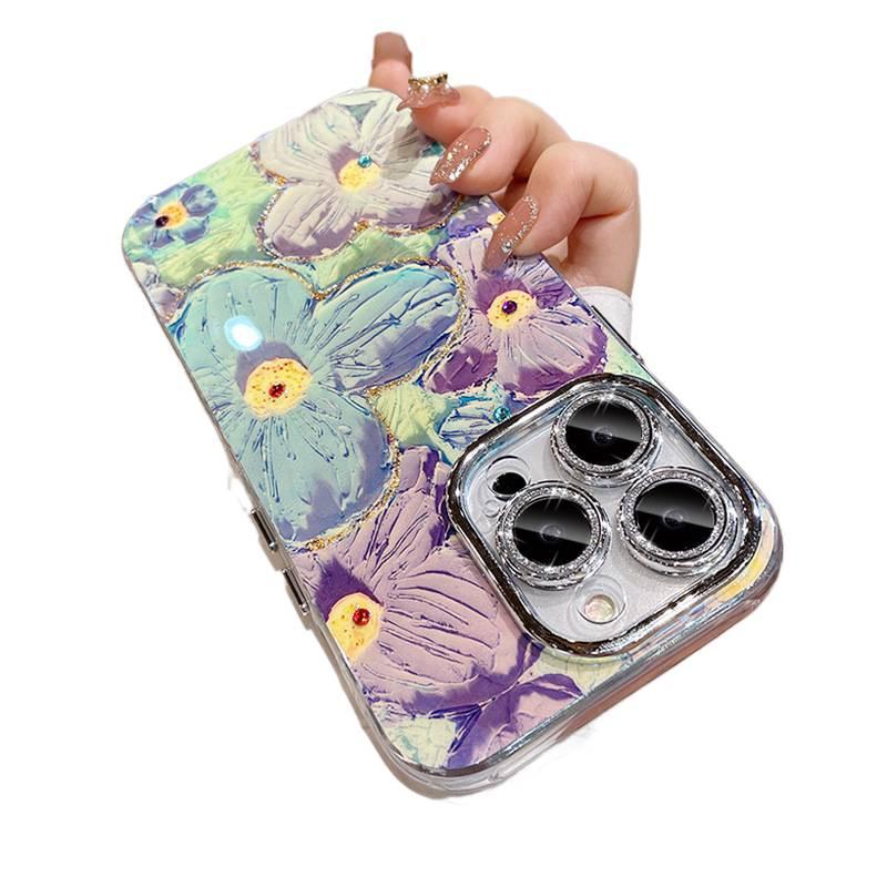 غطاء واقي بTPU+PC لـ iPhone 17 / 17 Air / 17 Pro / 17 Pro Max مع حماية من السقوط وتغطية كاملة مع مقاوم للصدمات مع حامي عدسة لامع مع نقش زهور زيتية مرصعة بأحجار الراين باللون بنفسج. - Image 4