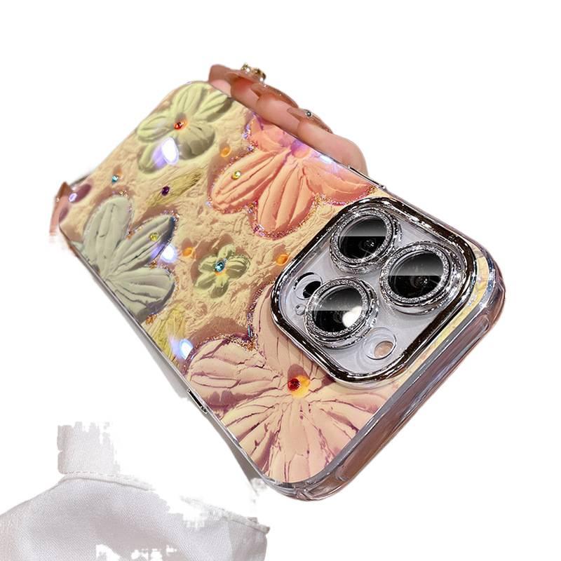 غطاء واقي بTPU+PC لـ iPhone 17 / 17 Air / 17 Pro / 17 Pro Max مع حماية من السقوط وتغطية كاملة مع مقاوم للصدمات مع حامي عدسة لامع مع نقش زهور زيتية مرصعة بأحجار الراين باللون بنفسج. - Image 1