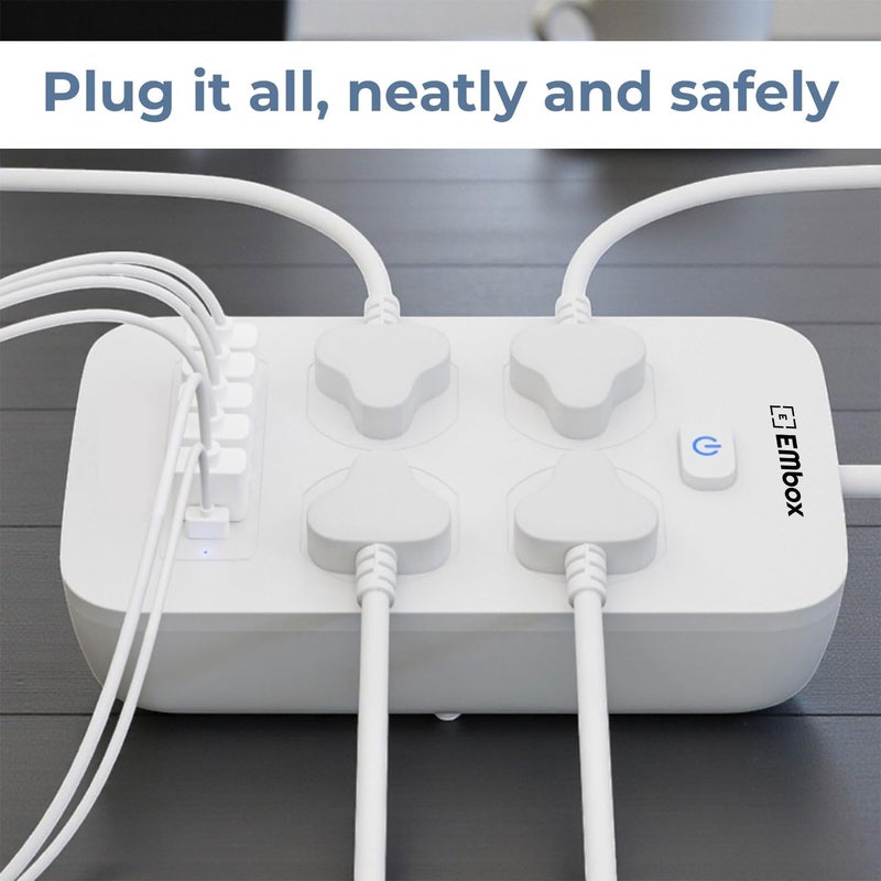 EMBOX لوحة تمديد 5 متر مع USB، مفتاح رئيسي-6A واقي من الارتفاع 4 مقابس عالمية 4 منافذ USB A و 2 نوع C، مؤشر LED أمان-2500 واط - Image 4
