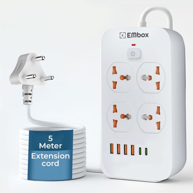 EMBOX لوحة تمديد 5 متر مع USB، مفتاح رئيسي-6A واقي من الارتفاع 4 مقابس عالمية 4 منافذ USB A و 2 نوع C، مؤشر LED أمان-2500 واط - Image 1