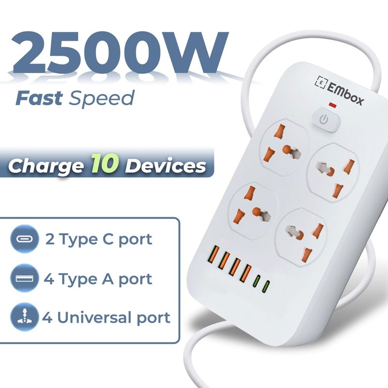 EMBOX لوحة تمديد 5 متر مع USB، مفتاح رئيسي-6A واقي من الارتفاع 4 مقابس عالمية 4 منافذ USB A و 2 نوع C، مؤشر LED أمان-2500 واط - Image 2