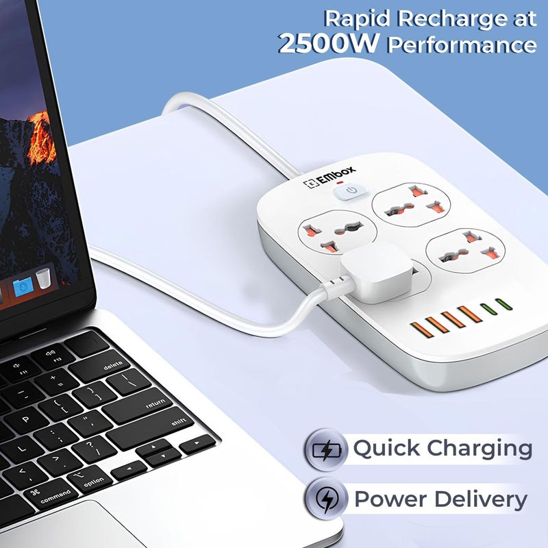 EMBOX لوحة تمديد 5 متر مع USB، مفتاح رئيسي-6A واقي من الارتفاع 4 مقابس عالمية 4 منافذ USB A و 2 نوع C، مؤشر LED أمان-2500 واط - Image 5