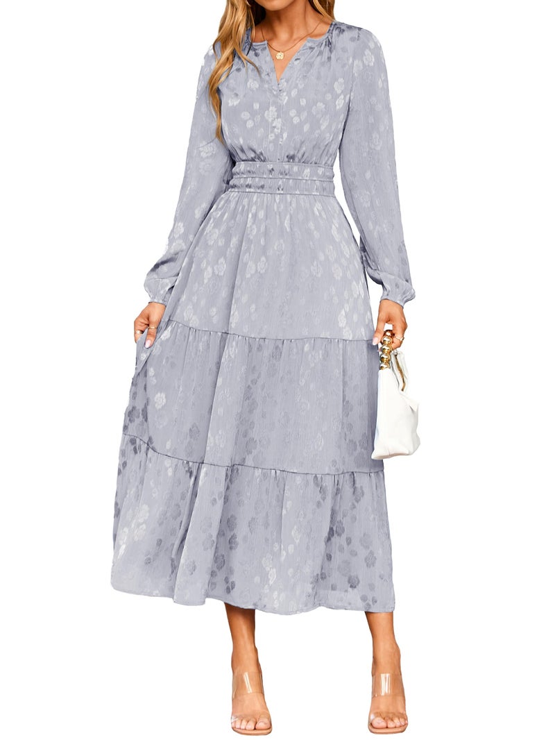 فستان بسيط للنساء بأكمام طويلة كاجوال خريف أنيق ضيف زفاف V-رقبة ماكسي مزخرف بالأزهار 2025 عصري كبير أزرق فاتح