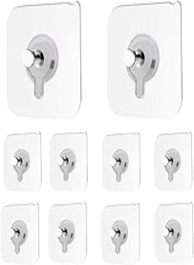 10 x Wall Hanging Hooks, Self Adhesive, for Picture Frames, Transparent, Waterproof, No Drilling Required, Leave No Trace for Pictures, Paintings, 10pcs Screw Replacement 