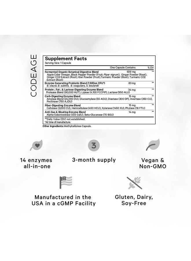 Codeage Fermented Digestive Enzymes Supplement 3-Month Supply - 14 Digestive Enzymes, Probiotics, Prebiotics, Fermented Botanicals, Plant-Based Multi Pancreatic Enzymes - 1 Capsule a Day - 90 Capsules - Image 2